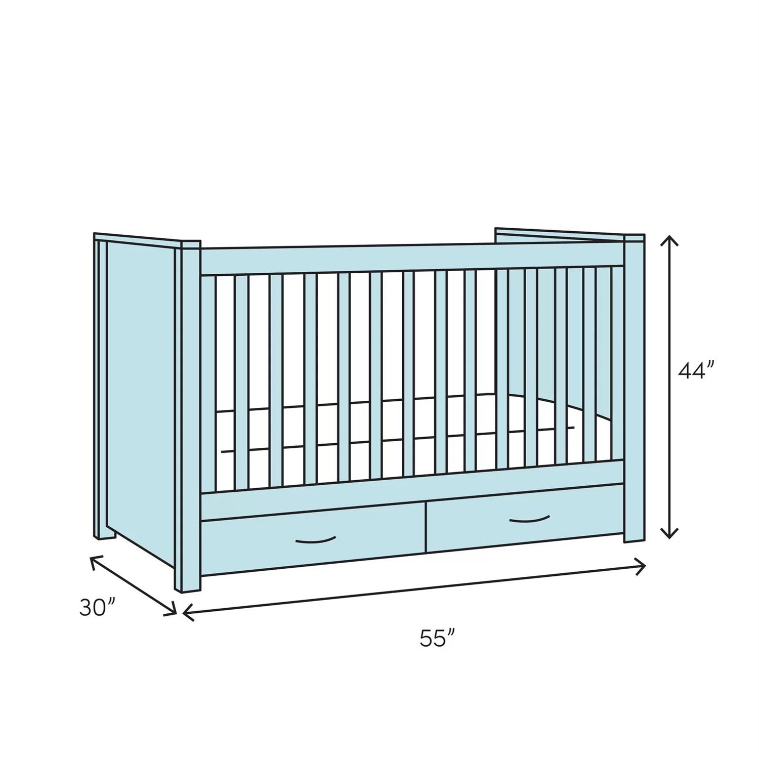 Diagram of a crib with dimensions labeled on a white background