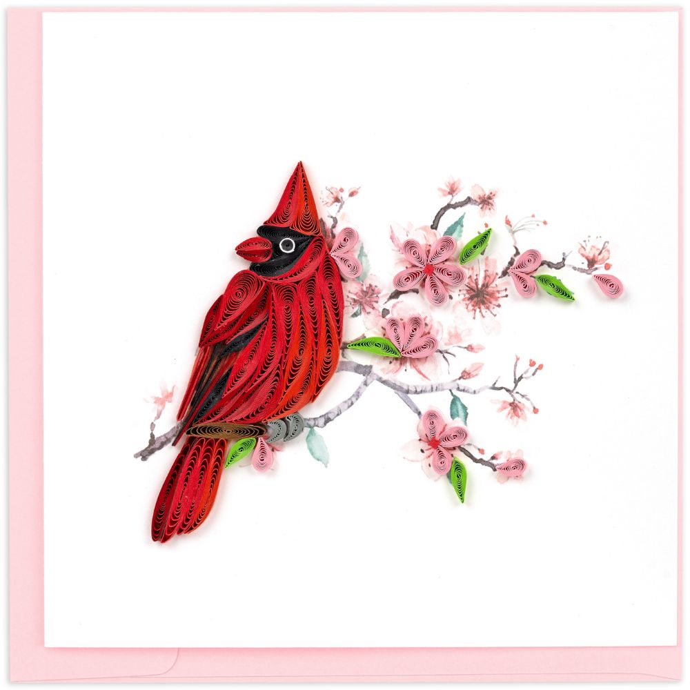 Cardinal and Cherry Blossom Quilled Greeting Card