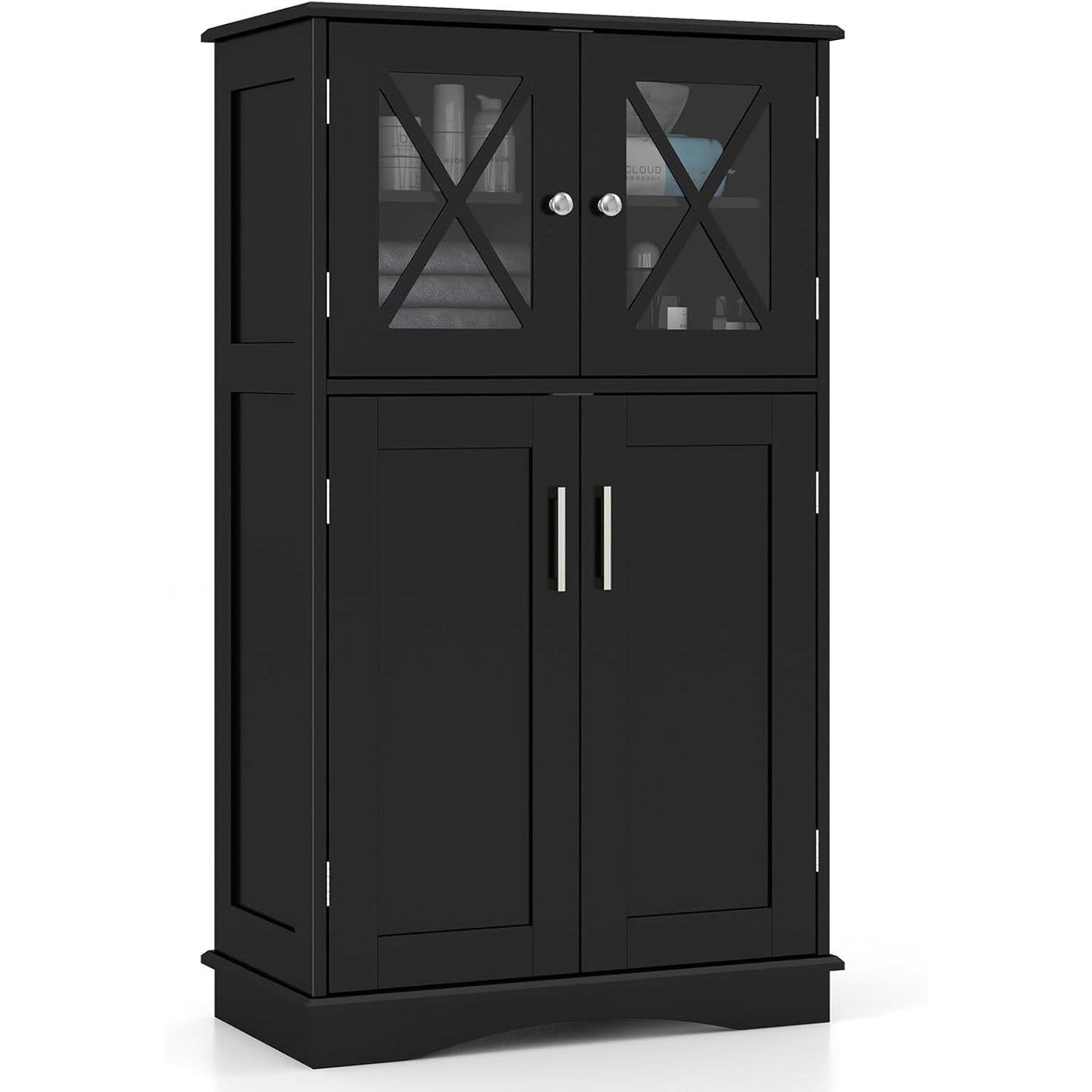 Black cabinet with glass doors on a white background