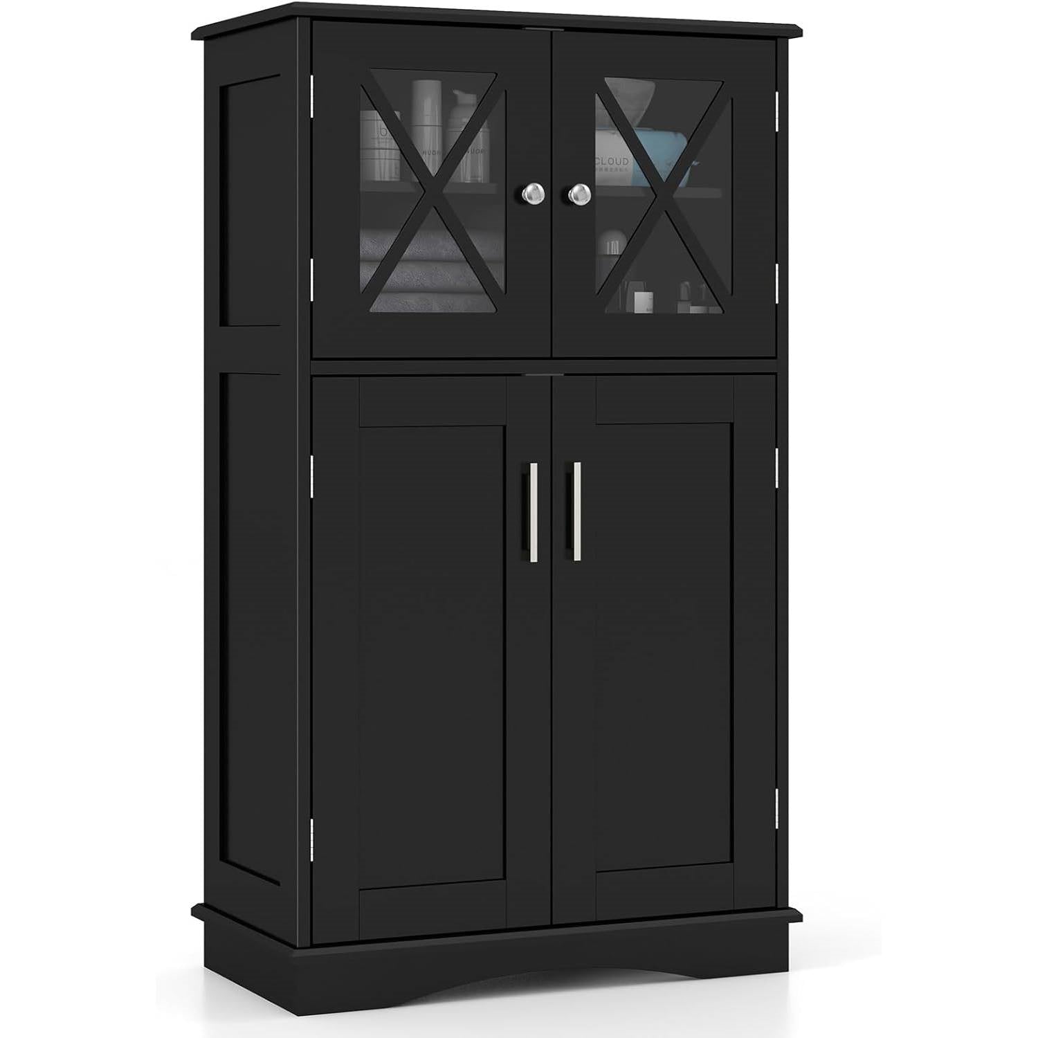 Black cabinet with glass doors on a white background