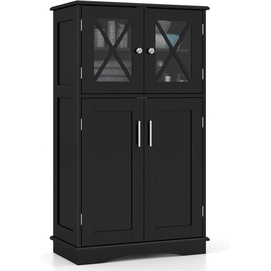 Black cabinet with glass doors on a white background