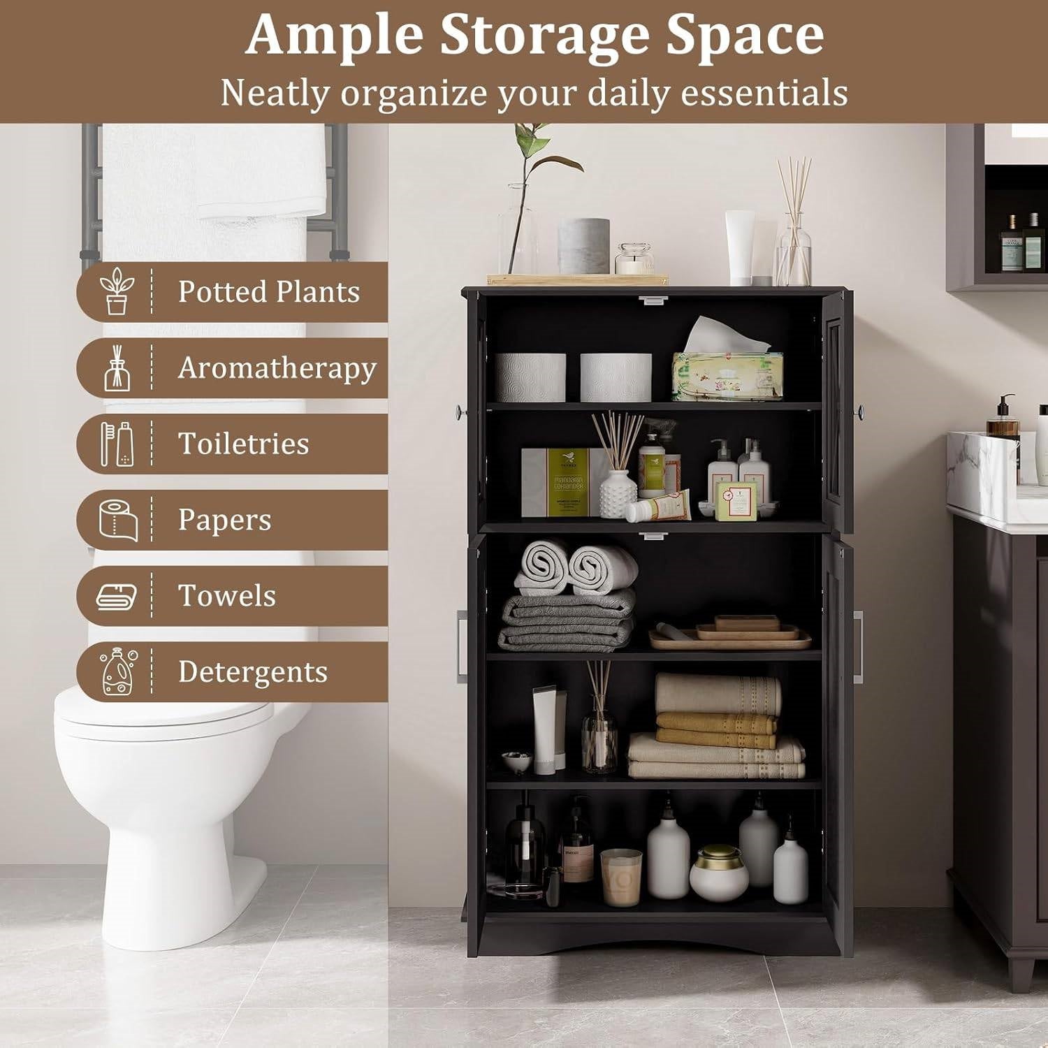 Bathroom storage cabinet with neatly organized items and text about storage space.
