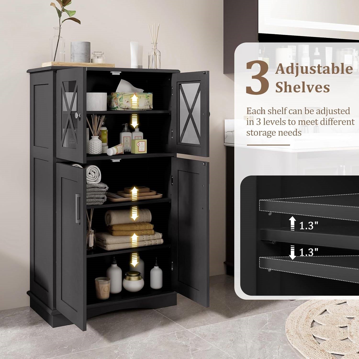 Black storage cabinet with open doors showing adjustable shelves in a room setting.