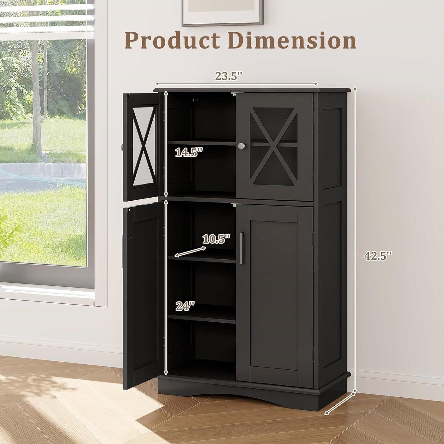 Black cabinet with dimensions labeled in a room with a window.
