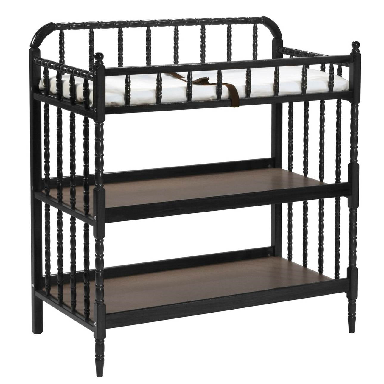Changing Table Black Wood Finish with 1 inch Waterproof Pad featuring three storage shelves.