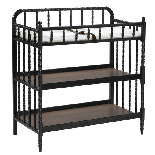 Changing Table Black Wood Finish with 1 inch Waterproof Pad featuring three storage shelves.