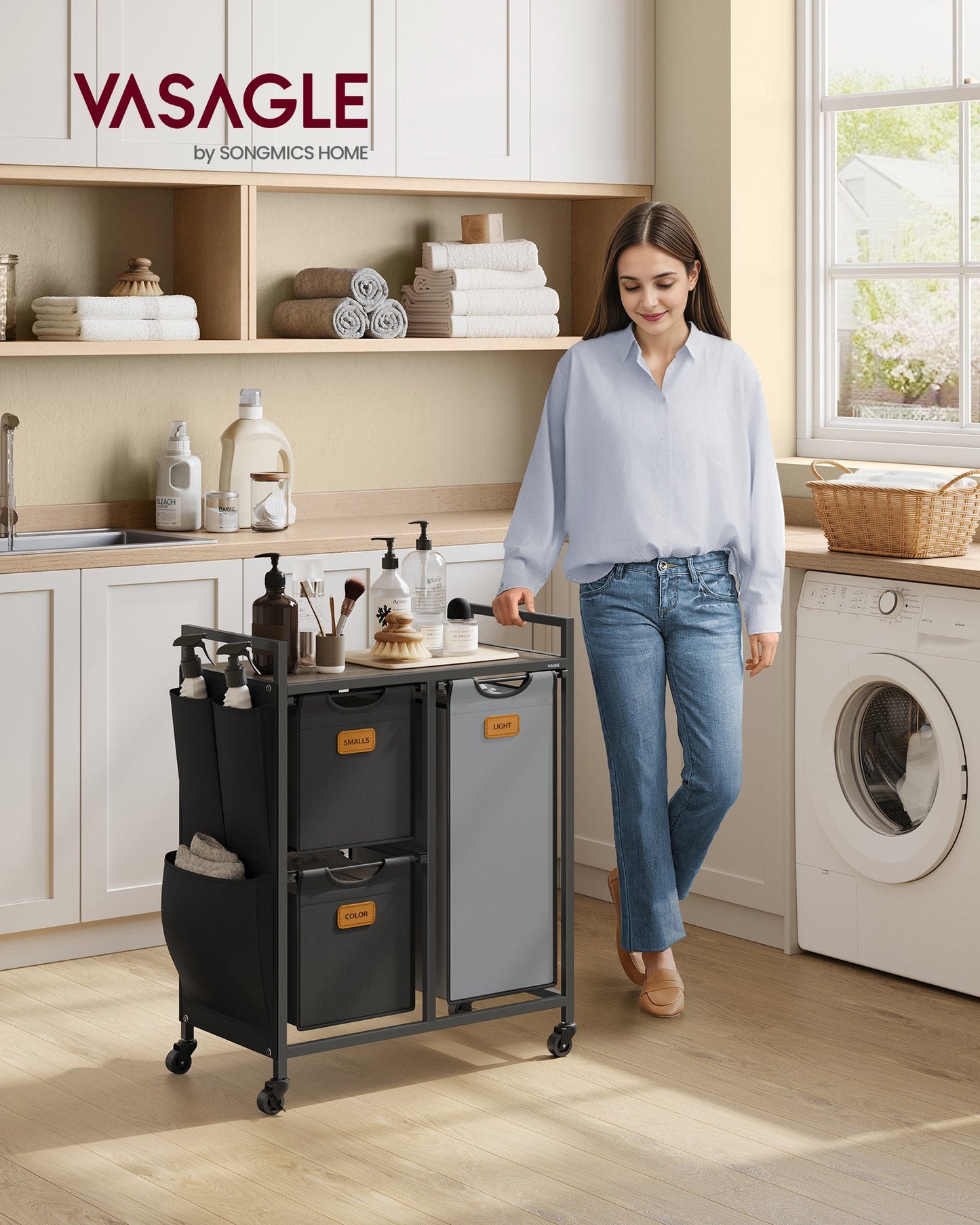 Rolling Laundry Hamper with 3 Compartments, 26.4 Gal. (100 L)
