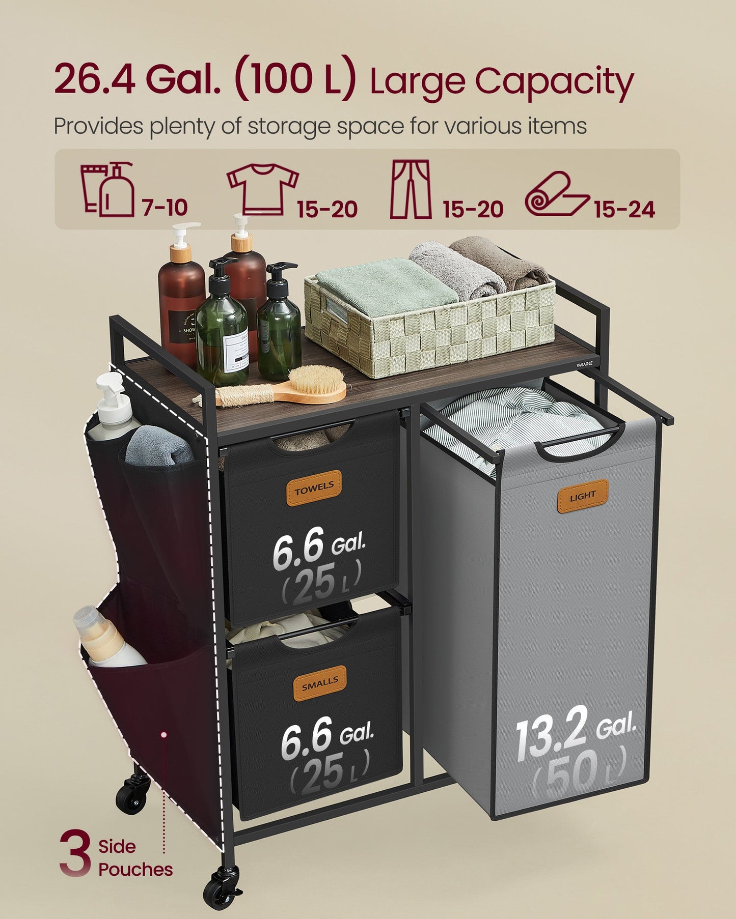 Rolling Laundry Hamper with 3 Compartments, 26.4 Gal. (100 L)