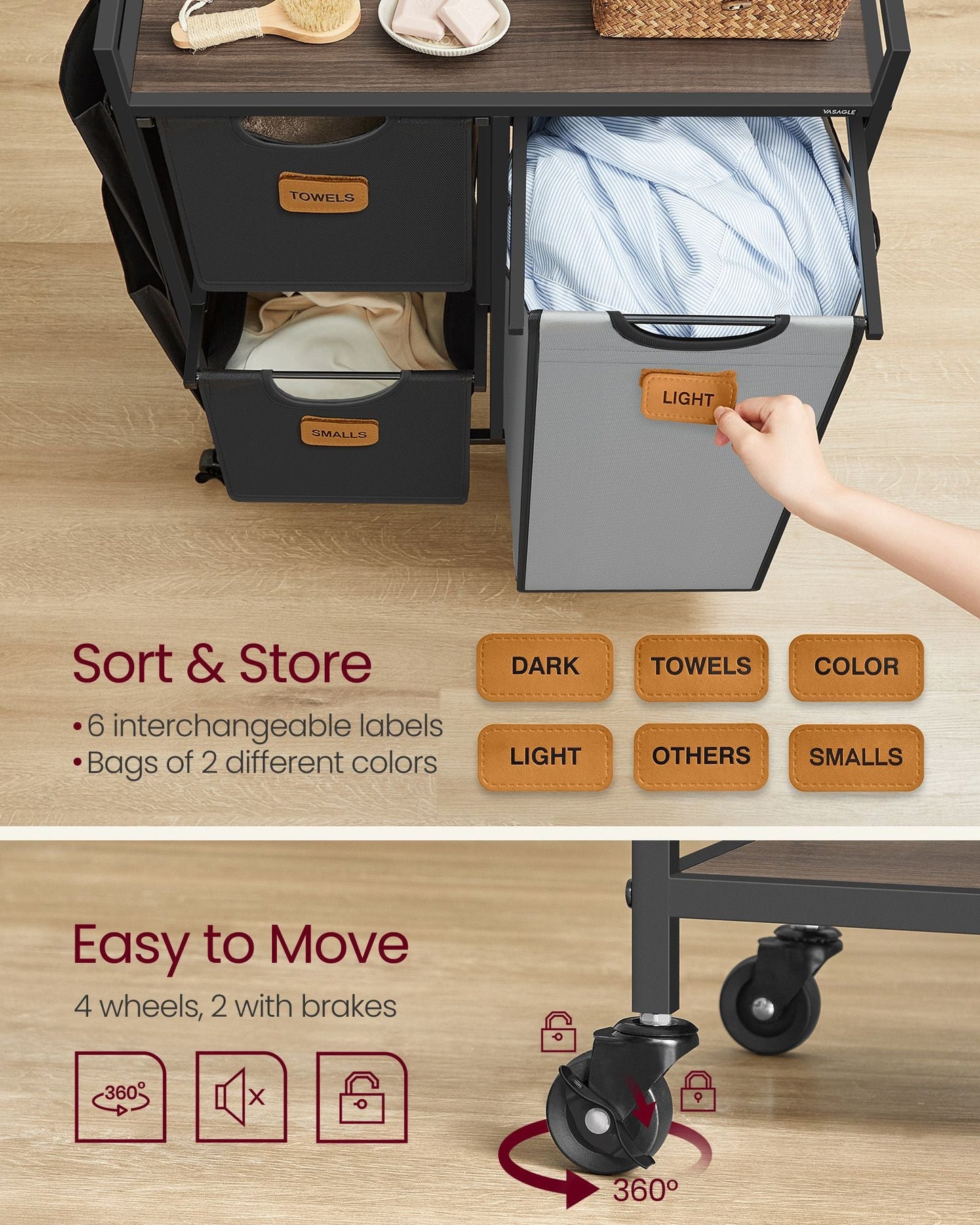 Rolling Laundry Hamper with 3 Compartments, 26.4 Gal. (100 L)