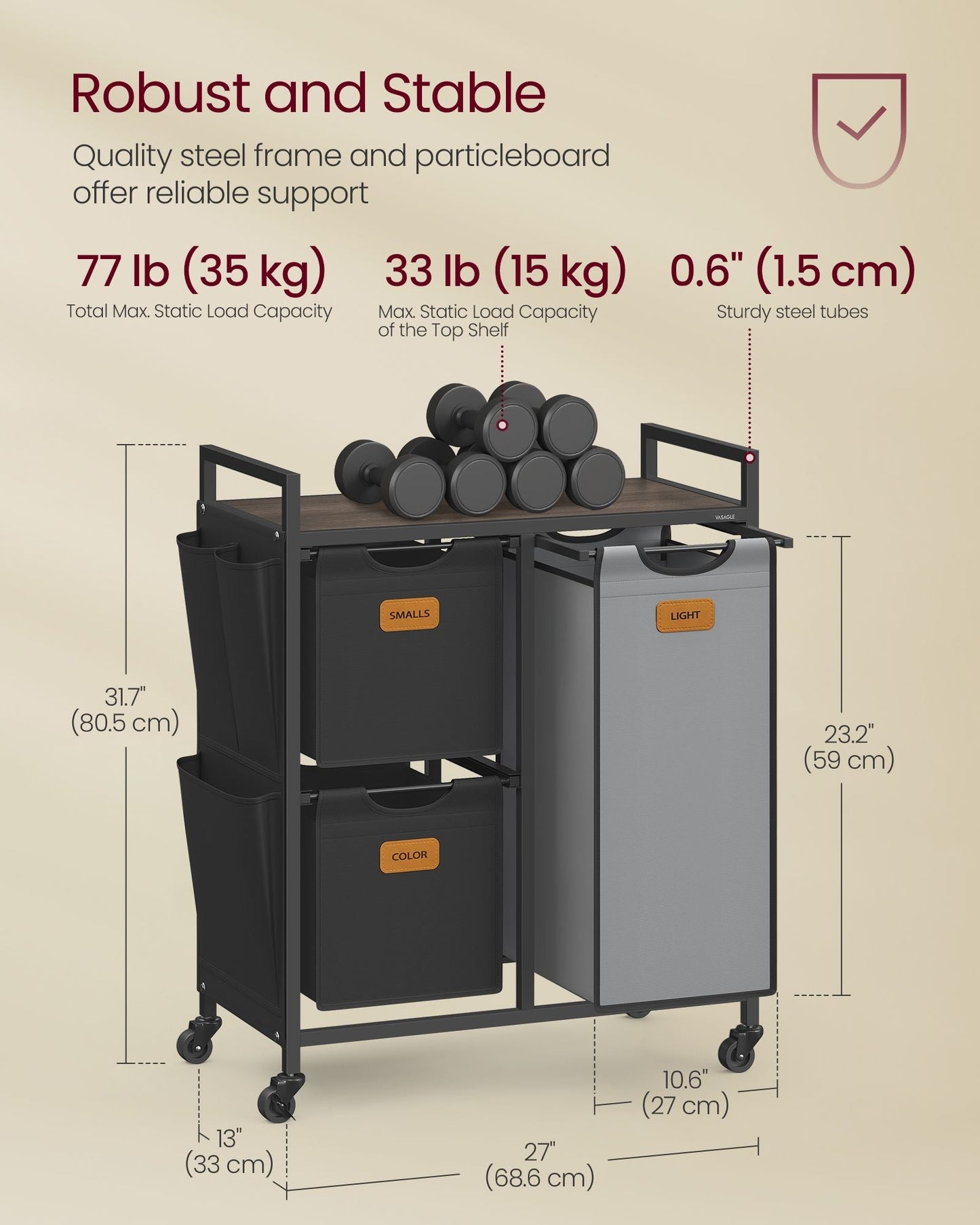 Rolling Laundry Hamper with 3 Compartments, 26.4 Gal. (100 L)