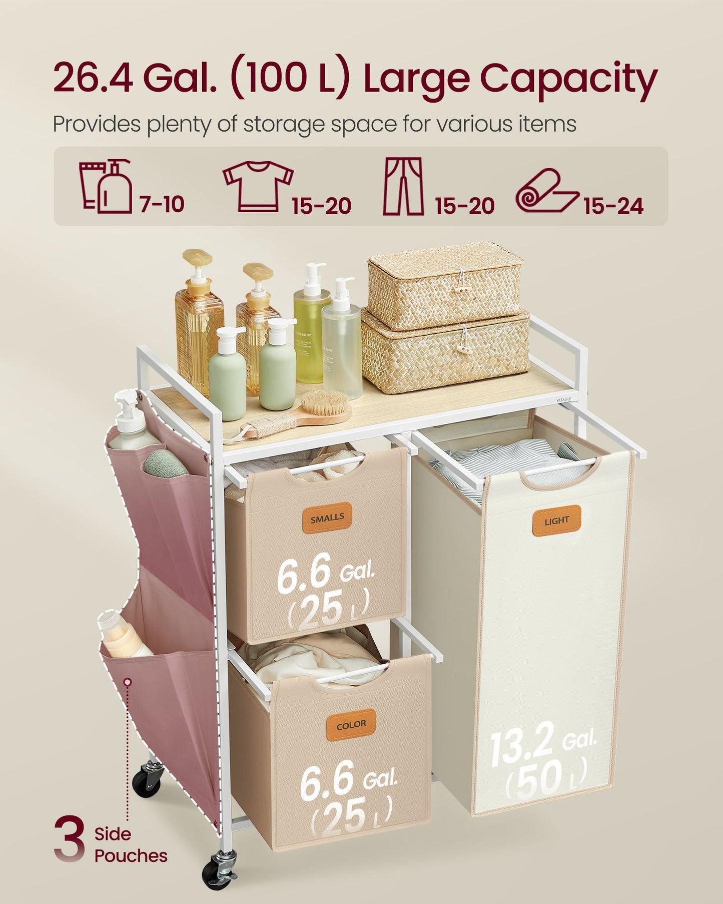 Rolling Laundry Hamper with 3 Compartments, 26.4 Gal. (100 L)