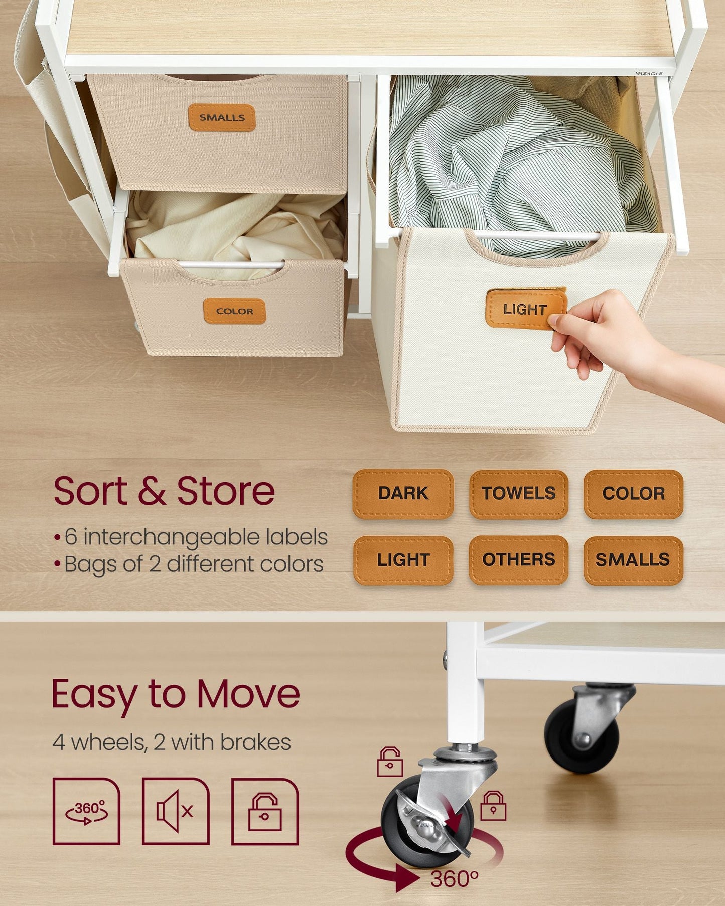 Rolling Laundry Hamper with 3 Compartments, 26.4 Gal. (100 L)