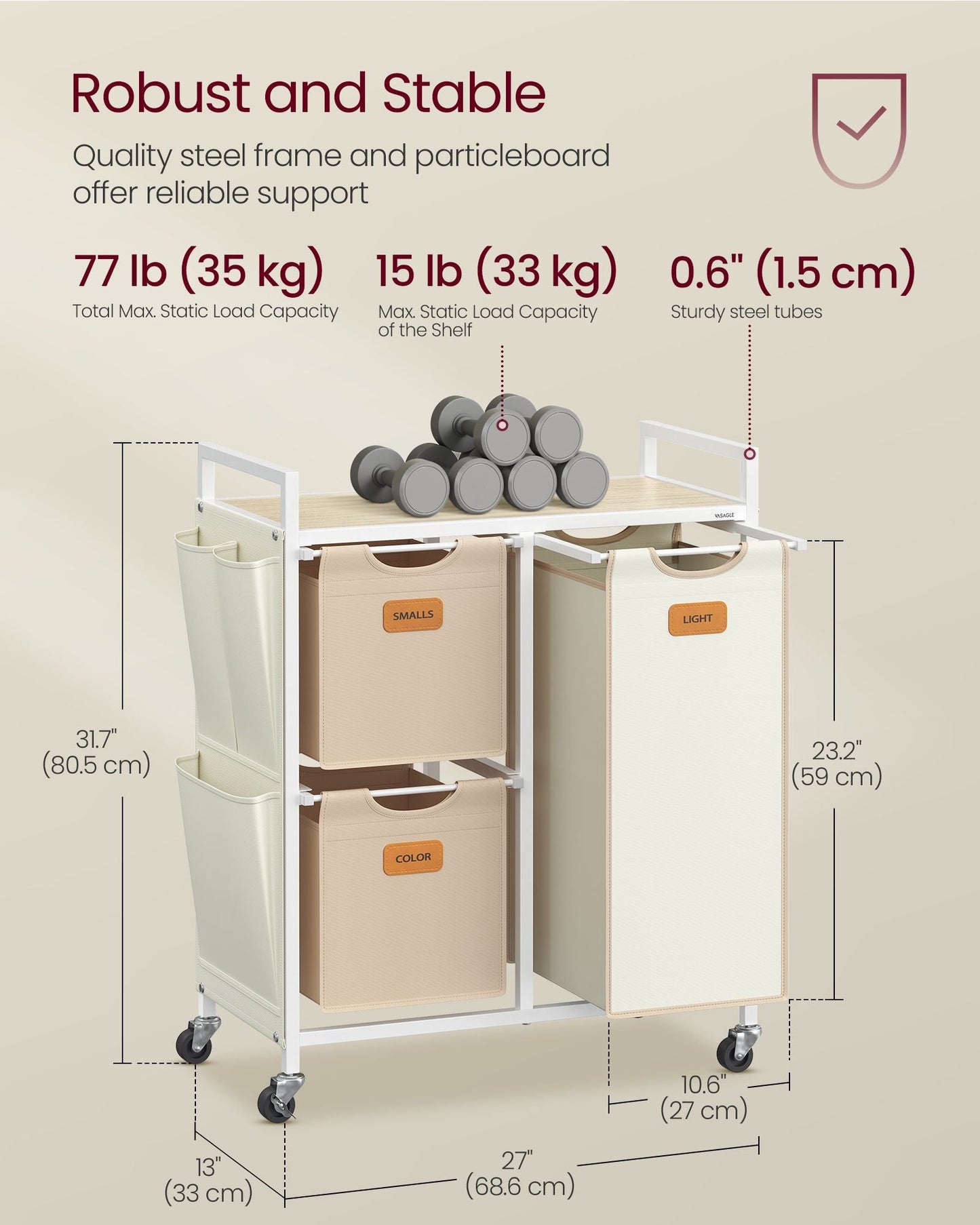 Rolling Laundry Hamper with 3 Compartments, 26.4 Gal. (100 L)
