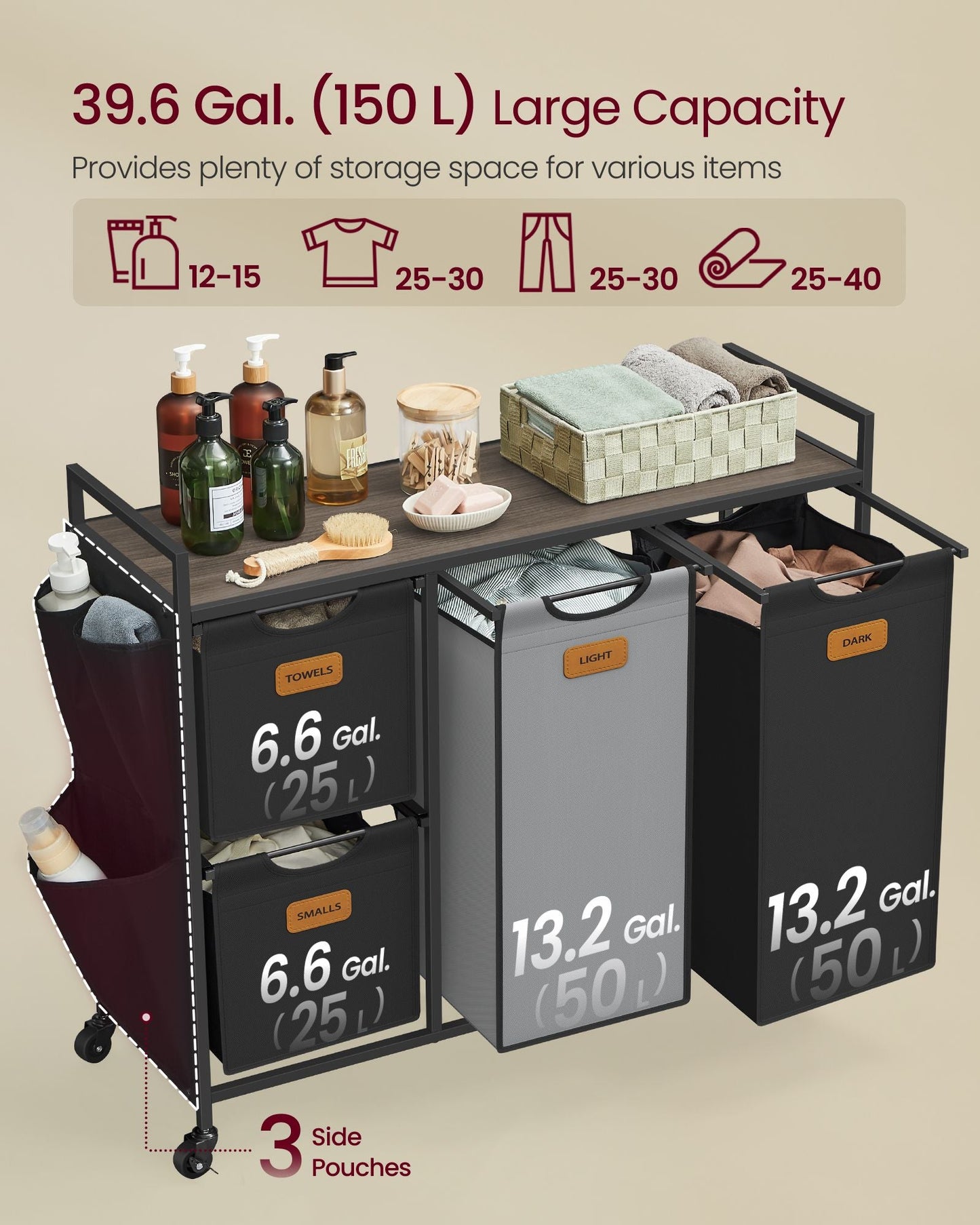 Rolling Laundry Hamper with 4 Compartments, 39.6 Gal. (150 L)