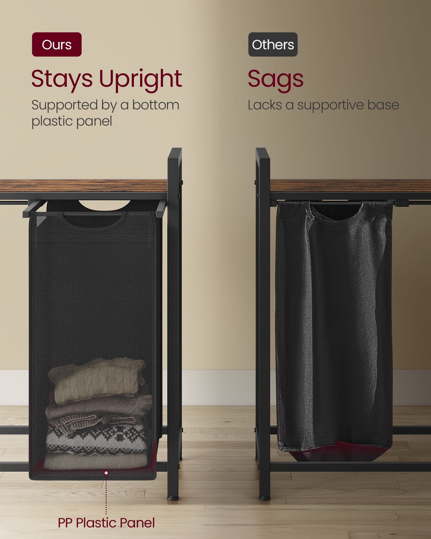 Laundry Hamperwith 3 Pull-Out and Removable Bags, 36.4 x 13 x 28.4 Inches, Tricolor and Rustic Brown