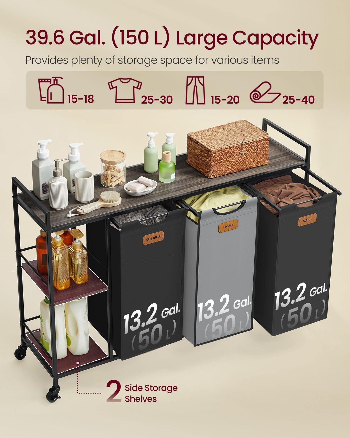Laundry Hamper with 3 Compartments, 39.6 Gal. (150 L)