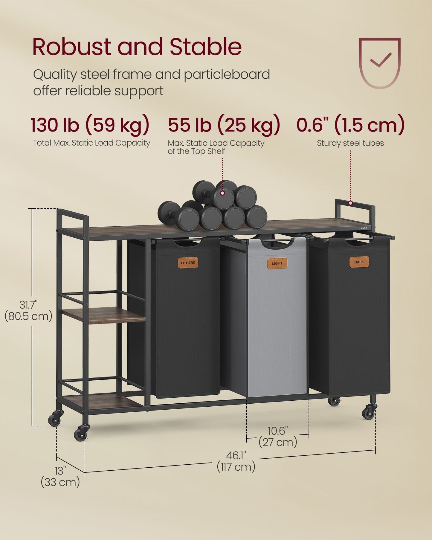 Laundry Hamper with 3 Compartments, 39.6 Gal. (150 L)