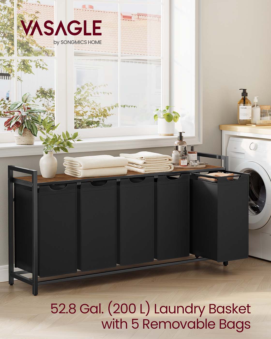 Laundry Hamper, 5 x 10.6 Gallons (40 L), 56.5 x 13 x 28.4 Inches, Ink Black and Rustic Brown