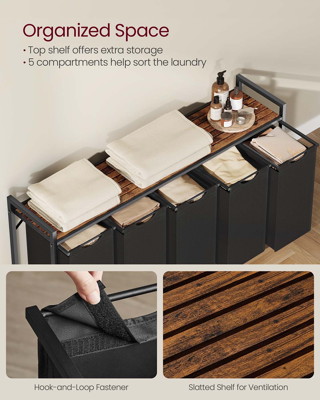 Laundry Hamper, 5 x 10.6 Gallons (40 L), 56.5 x 13 x 28.4 Inches, Ink Black and Rustic Brown
