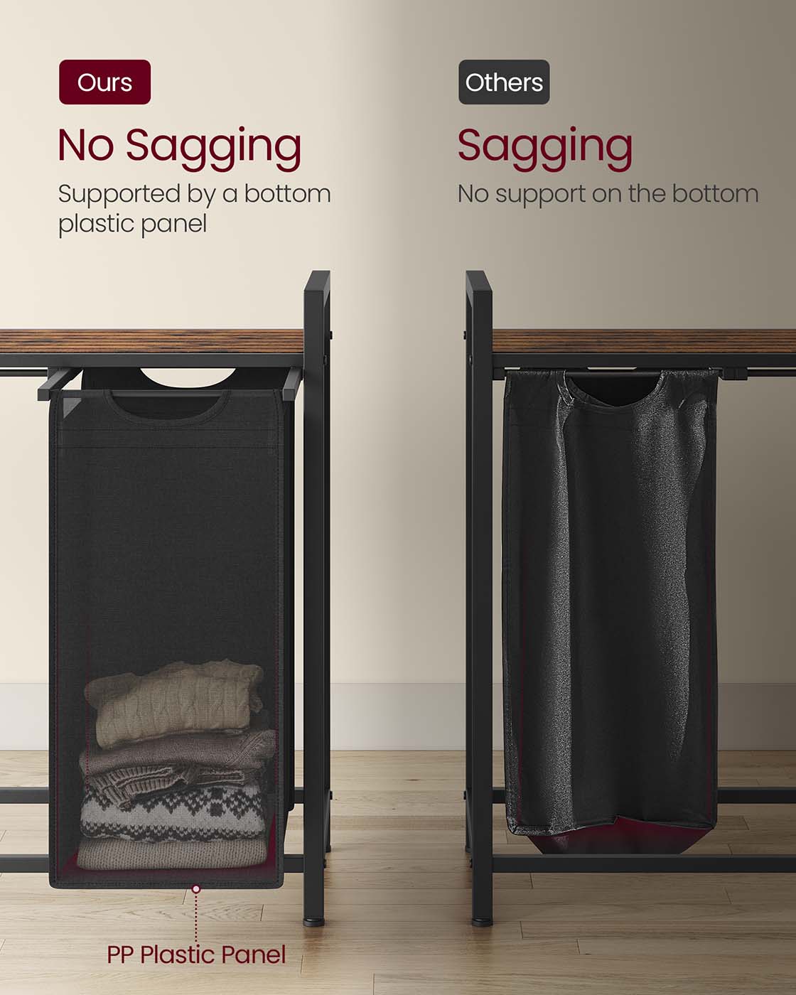 Laundry Hamper, 5 x 10.6 Gallons (40 L), 56.5 x 13 x 28.4 Inches, Ink Black and Rustic Brown