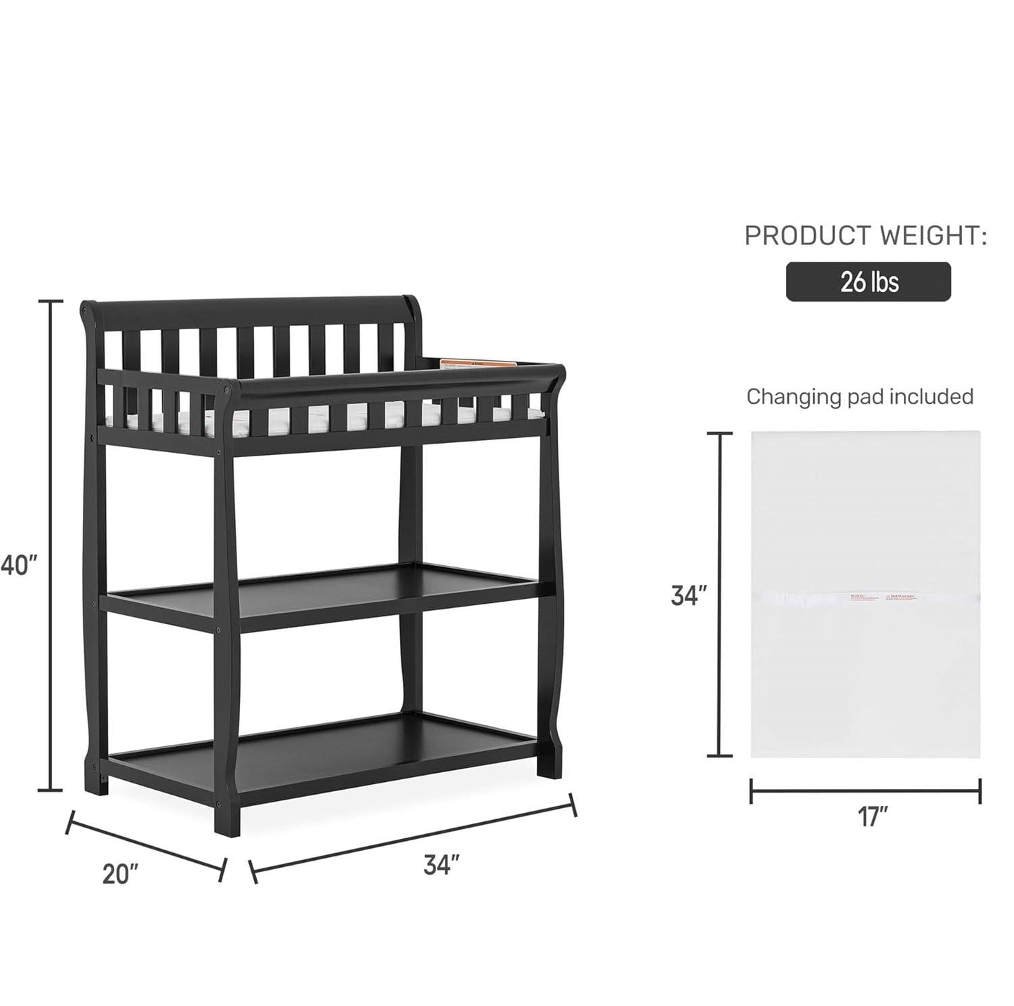 Modern Black Wooden Baby Changing Table with Safety Rail Mattress Pad and Strap