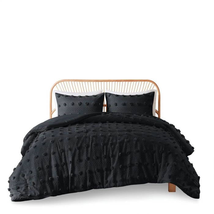 Full/Queen 3 Piece Pompom Microfiber Hypoallergenic Comforter Set in Black