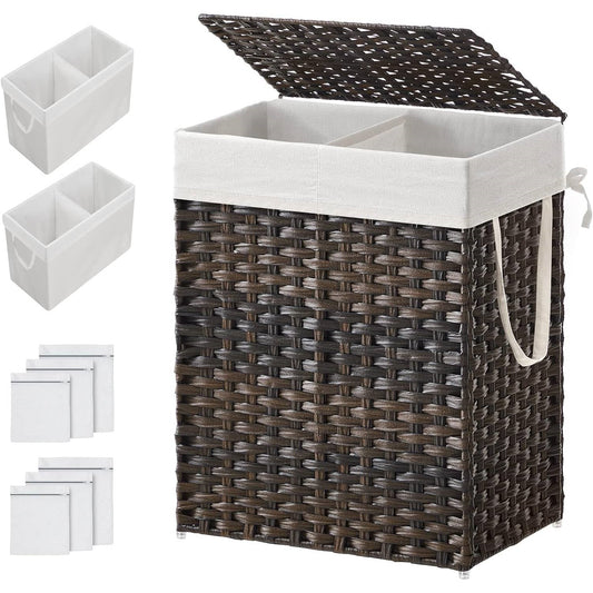 Wicker laundry basket with white liner and small white baskets on a white background