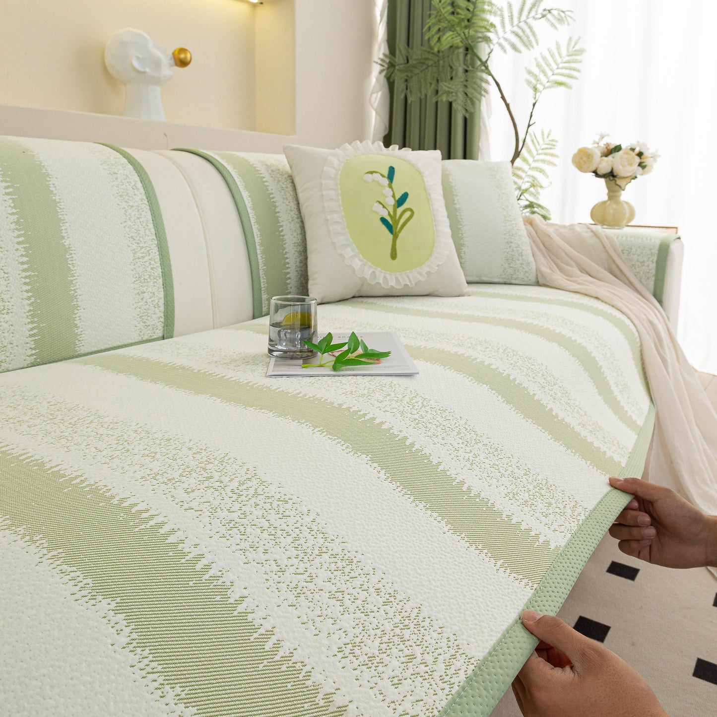 Striped Non-Slip Cooling Couch Cover, Summer Couch Pads for Seat Back Armrest