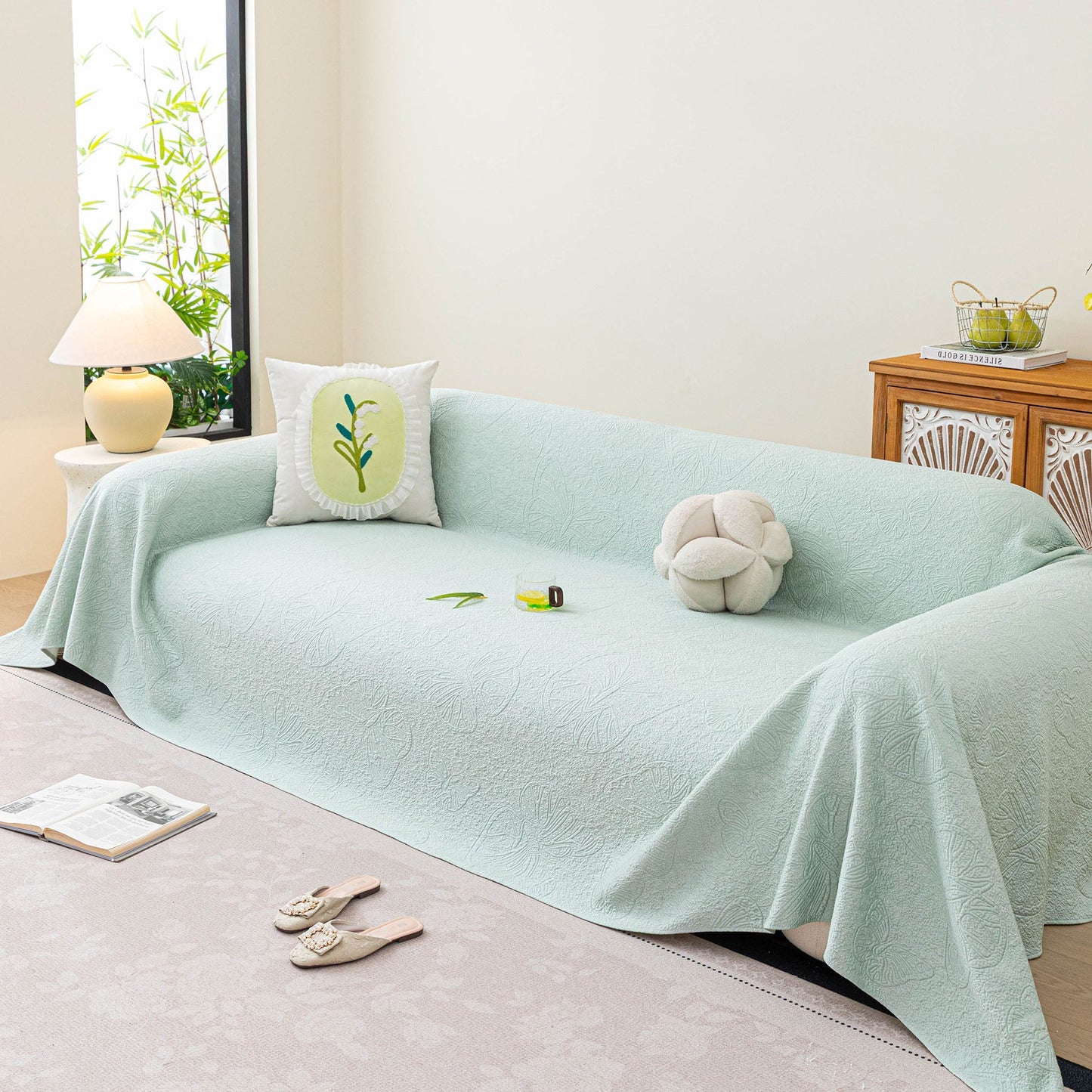 Cooling Embossed Botanical Couch Cover, Soft Ice Silk Furniture Protector for Sofa