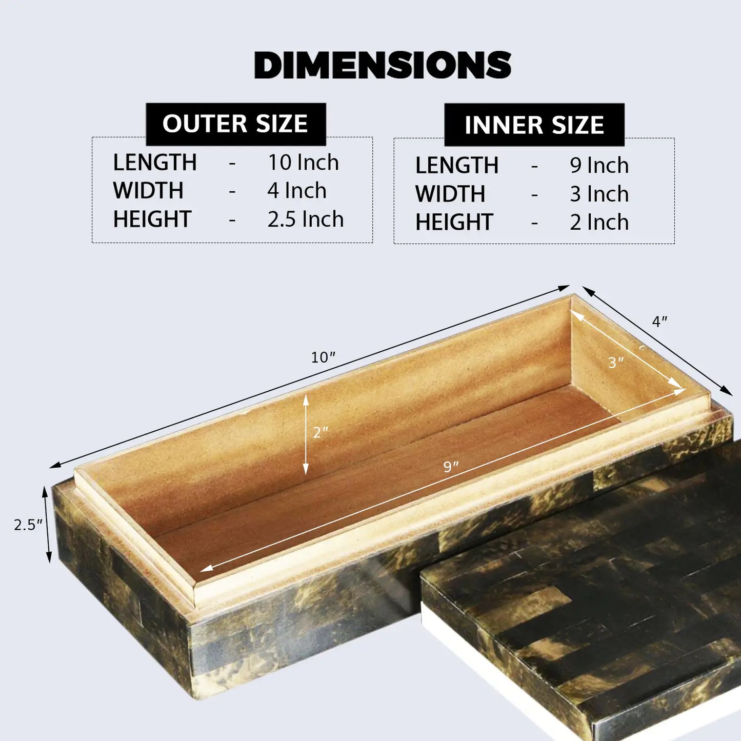 Decorative Storage Box Bone & Resin Inlay in 10x4x2.5 Inch, Black & White