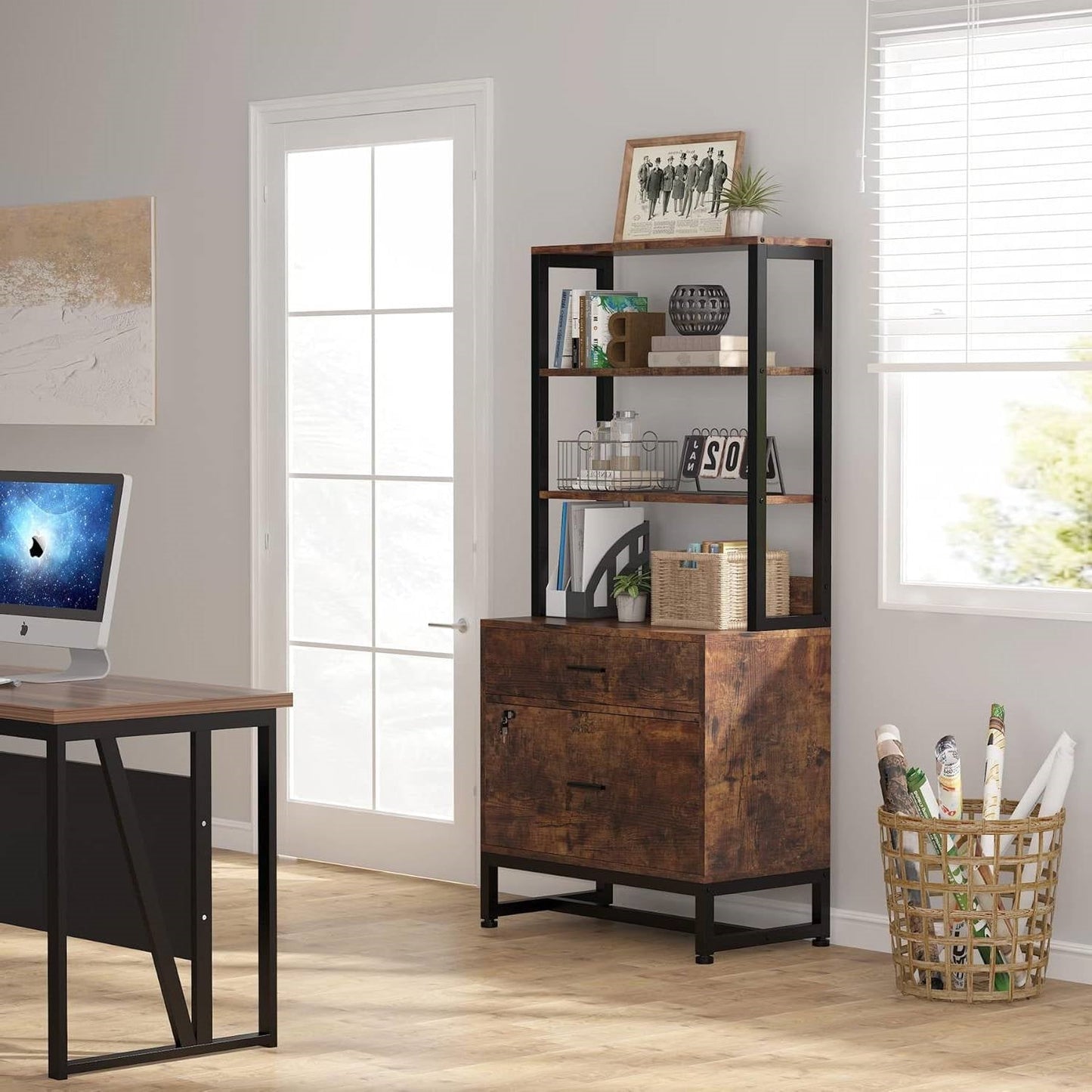 Home office with wooden desk, bookshelf, and window