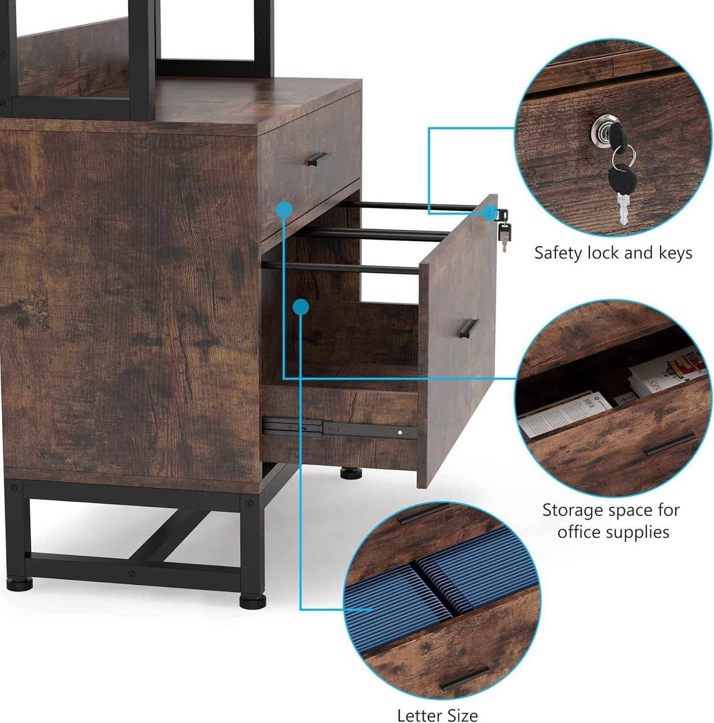 Wooden desk with open drawer, safety lock, and storage space highlighted.