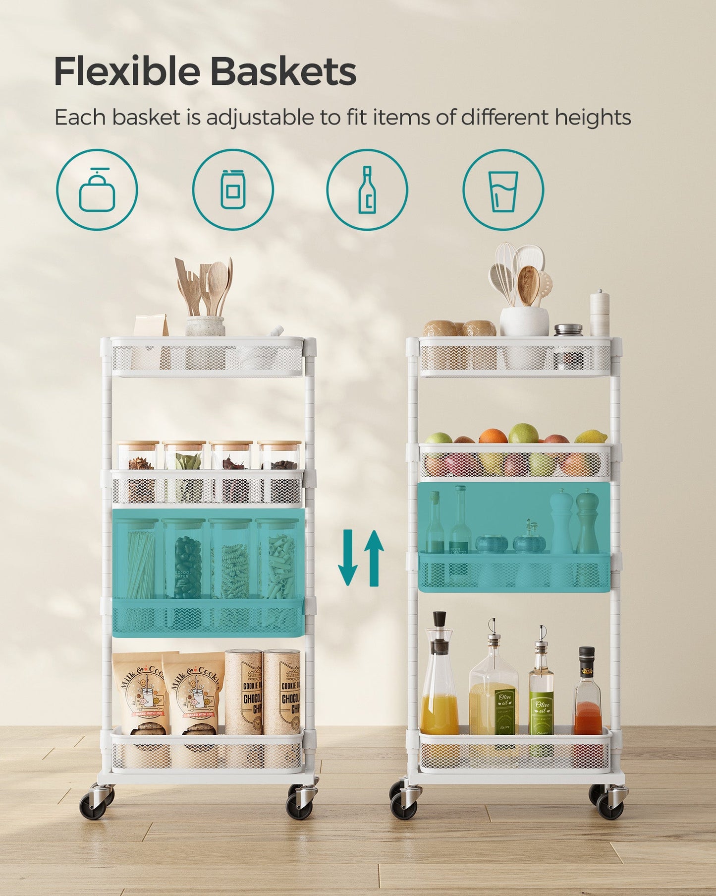 4-Tier Metal Slim Storage Cart with Wheels