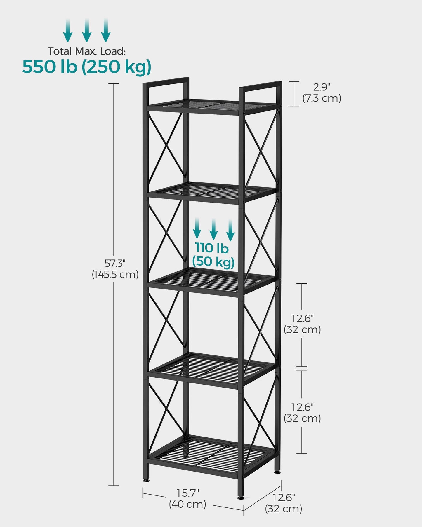 5-Tier Metal Storage Rack with X Side Frames
