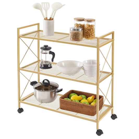 3-Tier Metal Storage Rack with Wheels, Mesh Shelving Unit with X Side Frames, 31.5-Inch Width