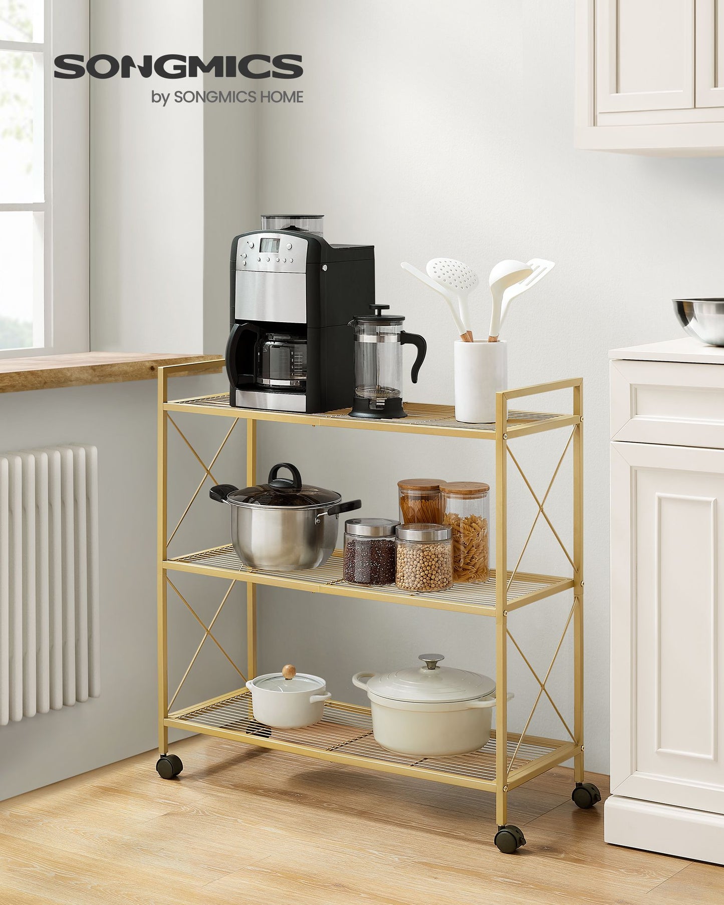 3-Tier Metal Storage Rack with Wheels, Mesh Shelving Unit with X Side Frames, 31.5-Inch Width