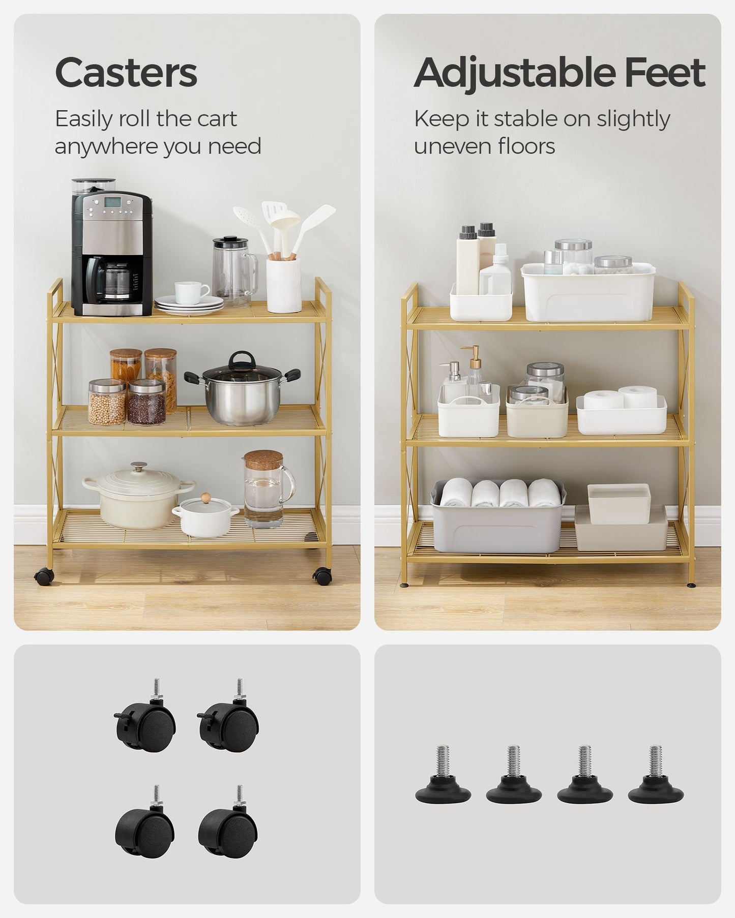 3-Tier Metal Storage Rack with Wheels, Mesh Shelving Unit with X Side Frames, 31.5-Inch Width