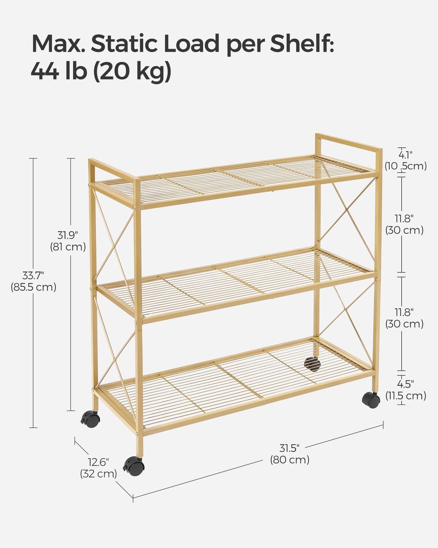 3-Tier Metal Storage Rack with Wheels, Mesh Shelving Unit with X Side Frames, 31.5-Inch Width