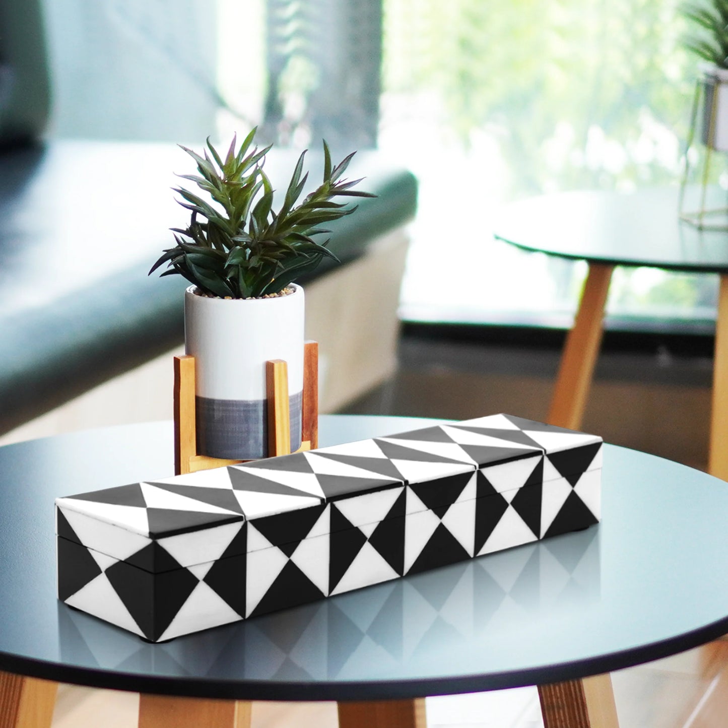 Triangle Pattern Decorative Storage Box, Resin Inlay in 7 Sizes, Black & White