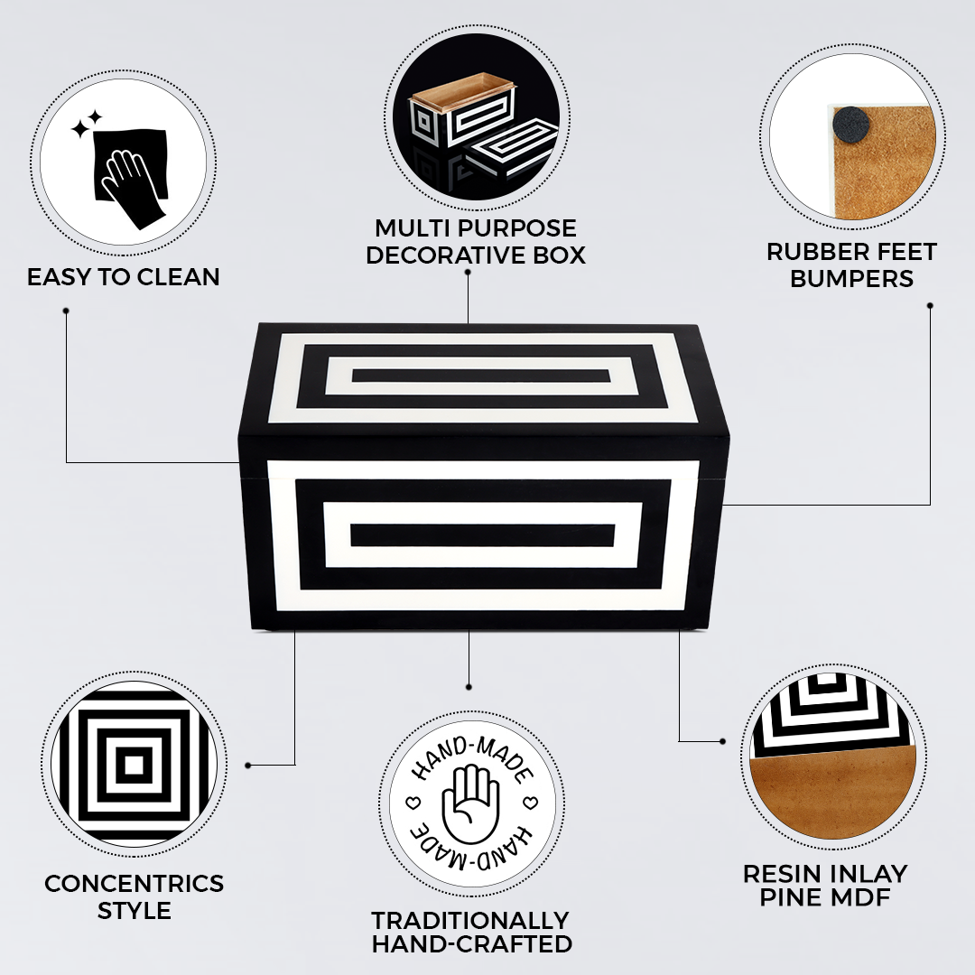 Medley Concentrics Pattern Decorative Storage Box, Resin Inlay in 8 Sizes, Black & White