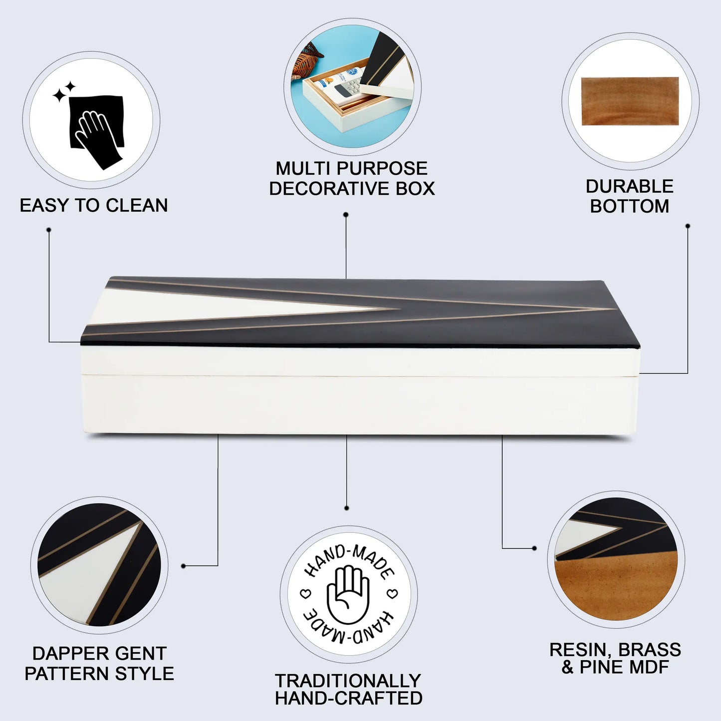 Kept Dapper Gent Pattern Decorative Storage Box, Resin Inlay in 7 Sizes, Black & White