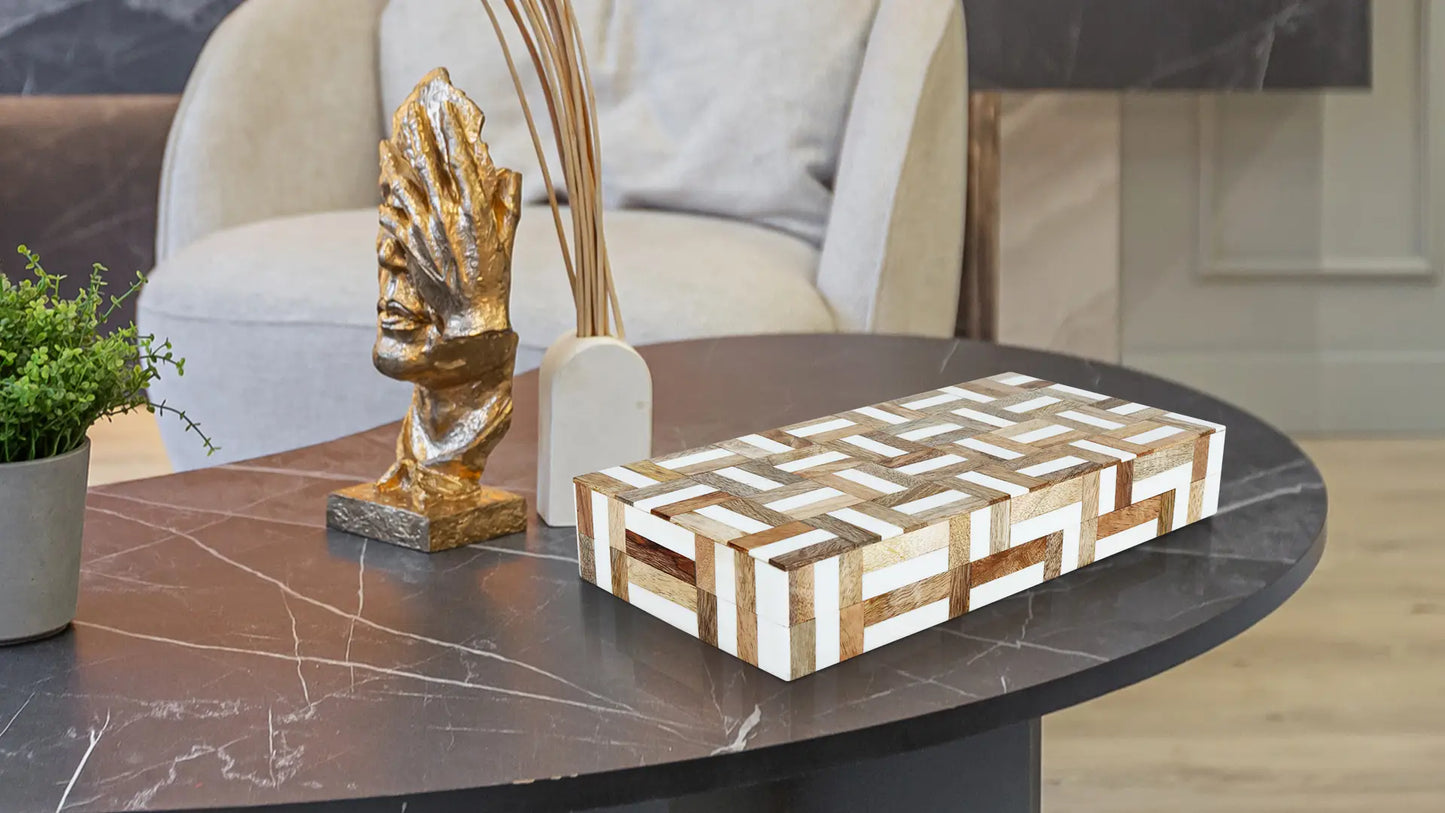 Decorative Box Marquet Chase Collection Wood & Resin Inlay Brown White in 8 Sizes