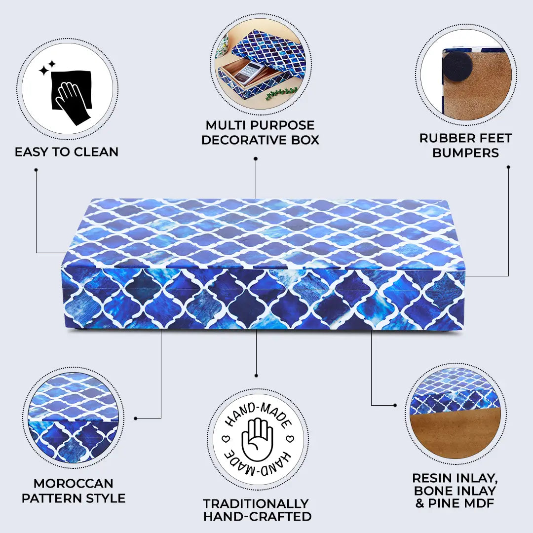Moroccan Pattern Decorative Storage Box, Bone & Resin Inlay in 7 Sizes, Blue & White