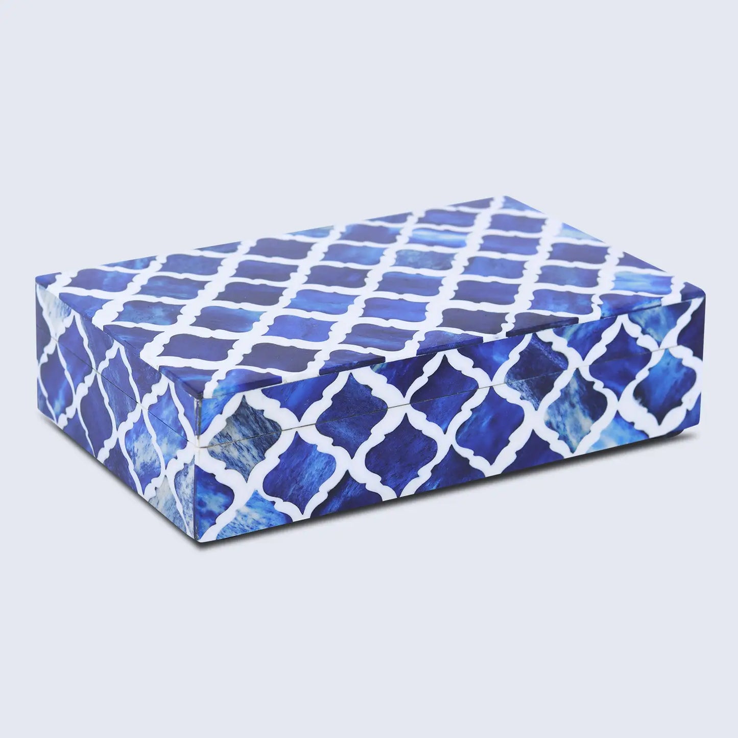 Moroccan Pattern Decorative Storage Box, Bone & Resin Inlay in 7 Sizes, Blue & White