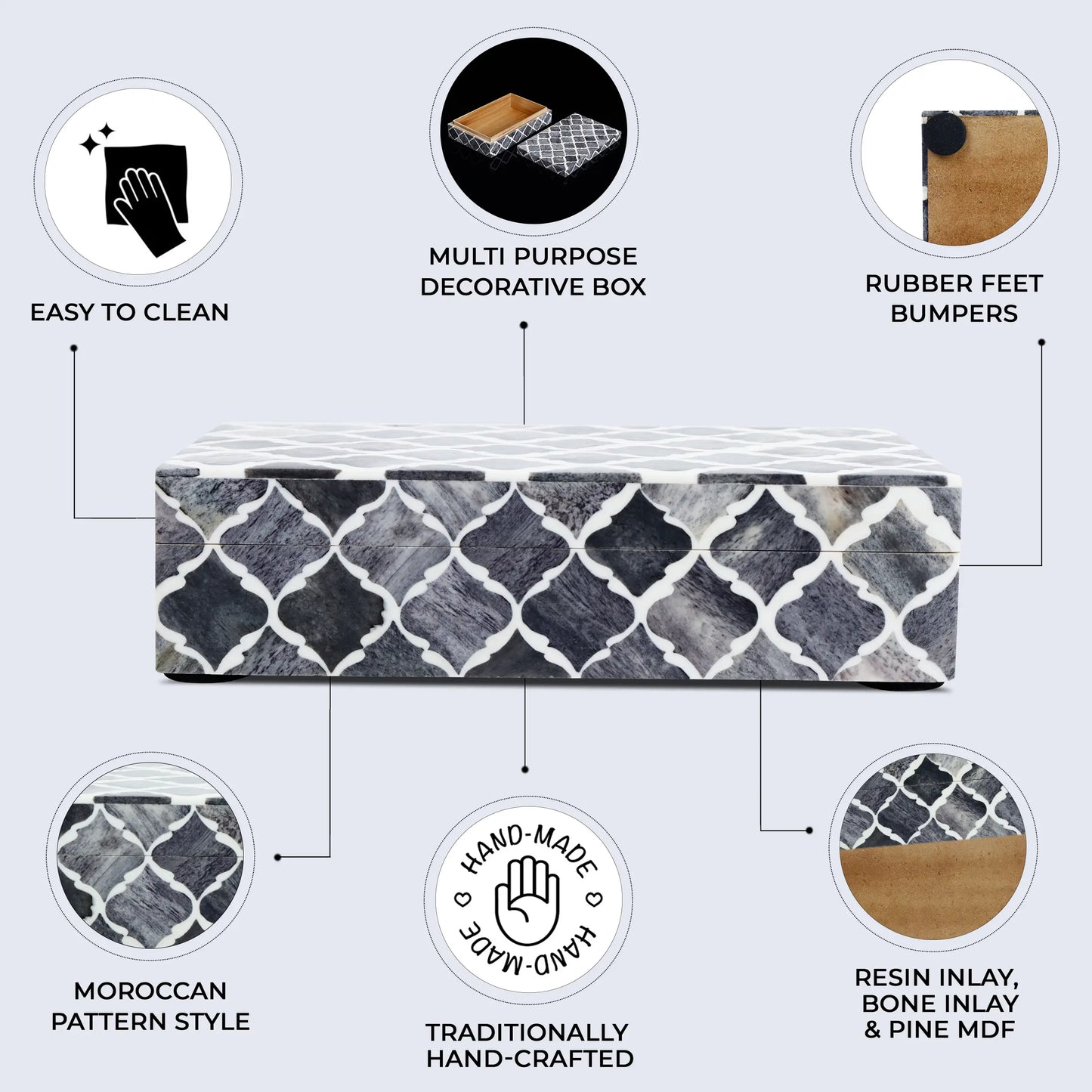 Moroccan Pattern Decorative Storage Box, Bone & Resin Inlay in 7 Sizes, Grey & White