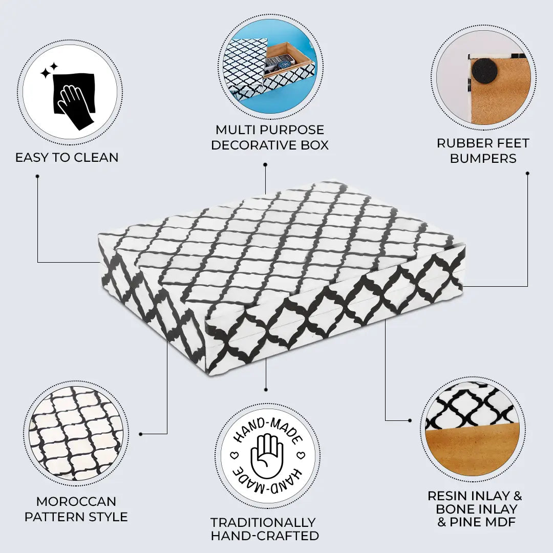 Moroccan Pattern Decorative Storage Box, Bone & Resin Inlay in 9 Sizes, Black & White