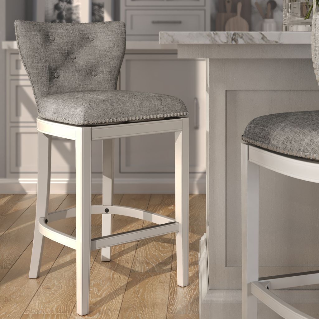 Mebane Stool in White & Grey featuring a low back hand tufted linen seat and solid wood frame in a modern kitchen setting.