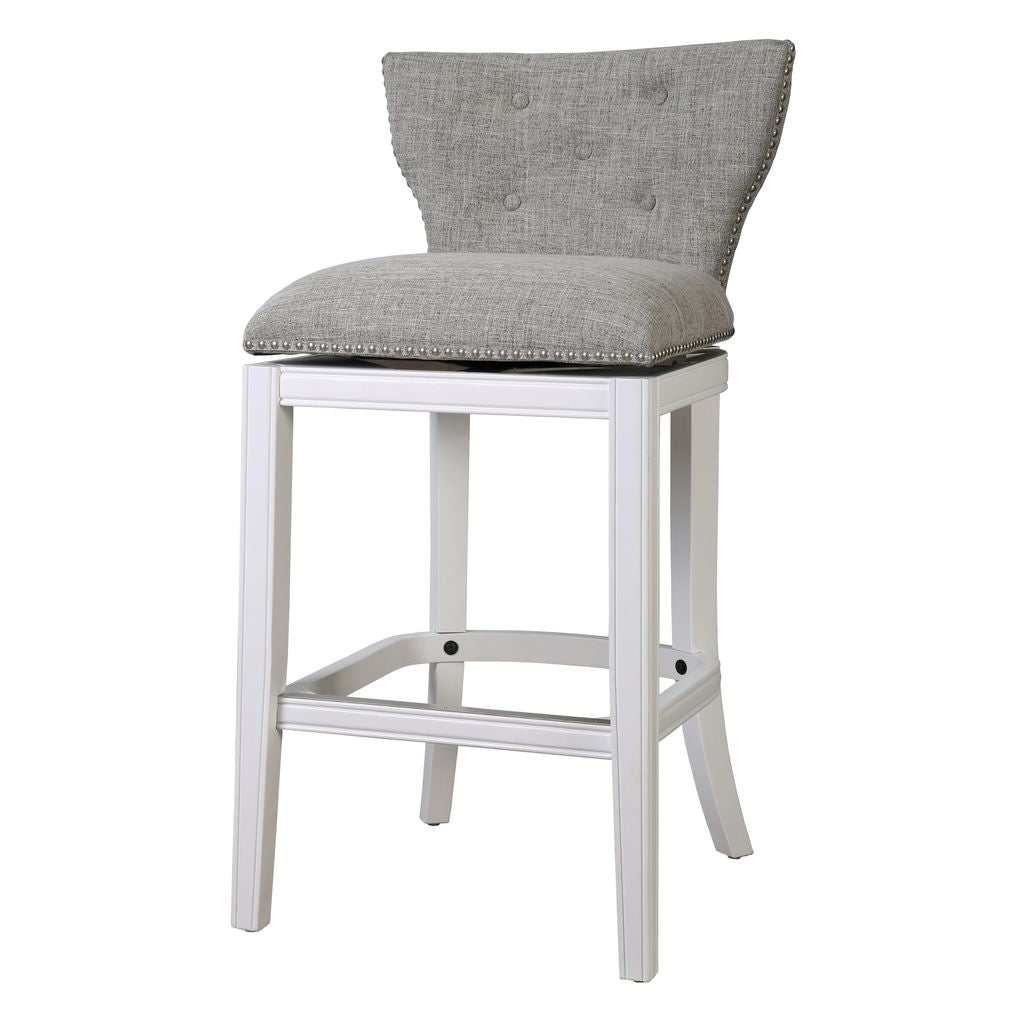 Mebane Stool in White & Grey with low back and hand tufted linen seat, solid wood frame, and metal trimmed footrest.