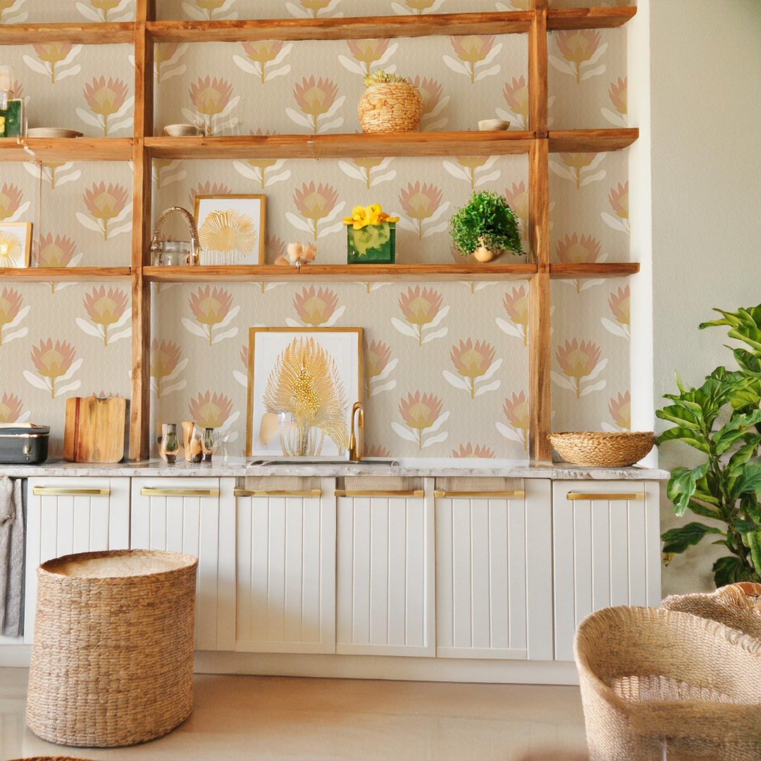 King Protea Wallpaper, tan and light coral
