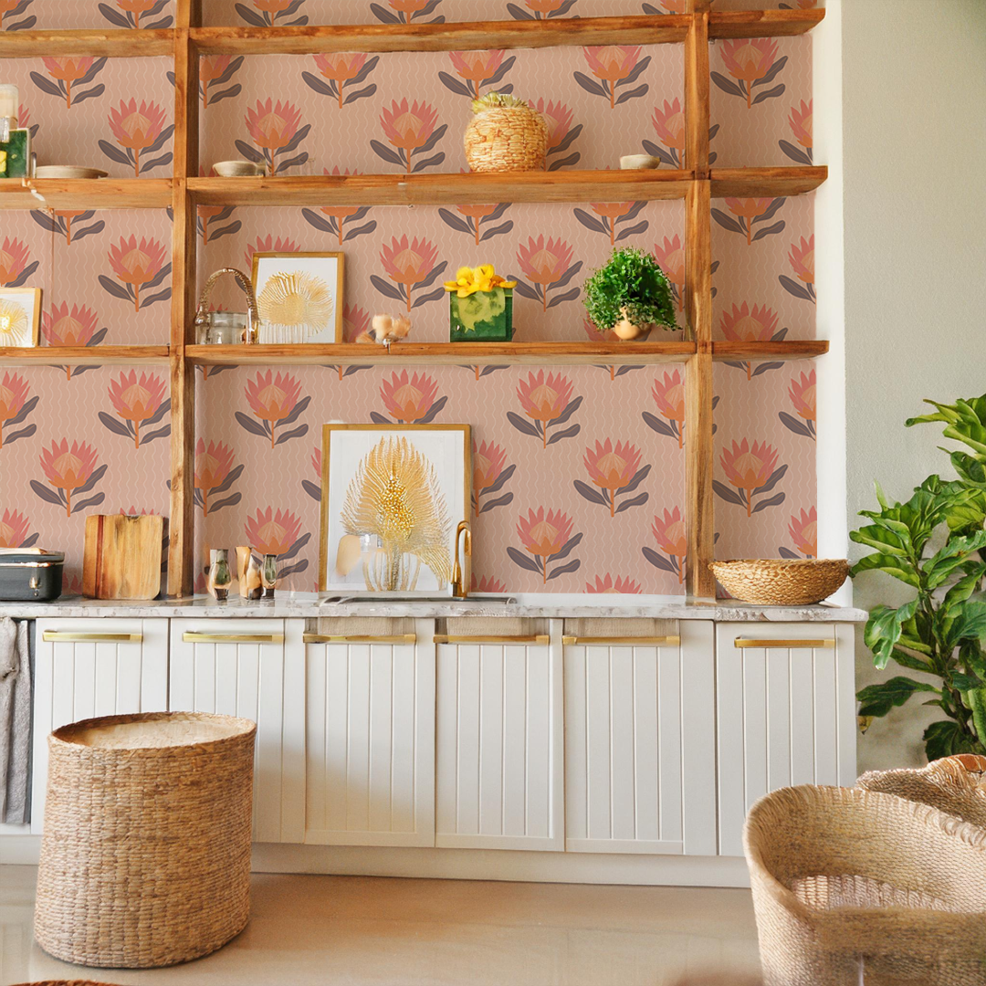 King Protea Wallpaper, coral and orange
